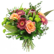 A sophisticated, hand-tied bouquet is displayed against a bright white background, the neutral setting highlighting the bouquet's warm, contemporary palette that would suit anything from a historic Oxford townhouse to a modern flat near the Westgate centre. At the core of the arrangement, large roses open in generous swirls, blending shades of gentle peach, soft apricot, and creamy salmon pink, each petal velvety and slightly curled, suggesting freshness and care. Between these romantic blooms, rich burgundy and deep magenta Gerbera daisies extend their narrow petals in perfect circles, their dark, textural centres catching the light and adding a sense of depth and cheerful sophistication. Slightly offset from the centre, a striking King Protea emerges, its angular, cone-shaped head layered with firm bracts in maroon, dusty rose, and blush-tipped edges, giving the design a bold, sculptural focal point that echoes the artistic spirit found in Oxford's museums and galleries. Threaded throughout the bouquet are clusters of lime-green Santini chrysanthemums, their tight, spherical flowers and vibrant colour injecting energy and a sense of playful movement, like splashes of spring along the paths of University Parks. Surrounding and supporting the blooms is an abundant spread of greenery: broad, glossy leaves form a dark, polished base; slender, sword-like foliage adds height and dynamic lines; and soft stems of eucalyptus, with their rounded, silvery-green leaves, arc gently outward, lending a natural, airy quality. The stems at the bottom are neatly trimmed and tied, characteristic of a professional hand-tied design prepared by an experienced Oxford florist. This richly textured arrangement conveys warmth, celebration, and heartfelt appreciation, ideal for same-day flower delivery across Oxford for birthdays, thank-you gestures, or simply brightening someone's day.