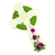 A beautifully detailed Celtic cross made entirely from fresh flowers is photographed against a spotless white studio background, emphasising every curve and contour of the design. The cross is generously covered with small, immaculate white chrysanthemums, each head nestled closely to the next so the surface appears smooth yet delicately textured, like a soft, floral tapestry. Interlaced through this white canvas, vivid lime green button chrysanthemums form the characteristic ring of the Celtic cross and mark out subtle knotwork patterns along the arms. These green spheres sit slightly raised and provide both colour contrast and sculptural depth, mirroring the traditional stone carvings found in Celtic heritage yet reimagined in living petals. On the lower section of the vertical arm, three separate cushions of deep purple carnations introduce a more emotional note. The carnations, with their densely ruffled petals and velvety tones, feel solemn yet comforting, and are gently framed by sprigs of dark green foliage. Slender trailing greenery winds along the white chrysanthemum base, its curling lines echoing the fluid path of Oxford's waterways around Iffley and Osney. The overall palette of white, green, and purple is calm and reflective, ideal for a sympathy tribute or funeral service. The lighting is bright but soft, catching the subtle shadows between blooms and giving a sense of the tribute's three-dimensional shape, as if it were resting on a worktable in an Oxford florist's studio, freshly prepared for delivery to a local church or crematorium. The piece speaks quietly of remembrance, faith, and the enduring ties of family and tradition.