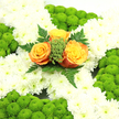 The photograph shows a serene funeral cross arrangement, designed with the kind of thoughtful detail you might expect from a long-established Oxford florist such as Flowers Oxford. The foundation of the cross is made up of many white chrysanthemums, each bloom full and gently ruffled, creating a thick, cushioned effect across the entire shape. Their cool white tone gives the tribute a sense of peace, like a quiet morning along the River Thames near Folly Bridge. In the very centre, three roses form a warm, glowing heart to the design. Their petals range from deep, burnt orange at the core to soft, golden apricot at the outer edges, with each rose fully open yet still holding its graceful form. Encircling the roses are hints of small green clusters-possibly berries or textured filler flowers-and slender, darker green, fern-like leaves which extend outward, adding depth and natural movement. Positioned carefully along the arms and length of the cross, compact mounds of lime-green button chrysanthemums break up the white chrysanthemum base. Their tidy, rounded shapes and vibrant colour lend a fresh, mossy contrast, reminiscent of green spaces such as University Parks or South Park in early spring. The subtle combination of white, green, and orange brings to mind the Irish tricolour, making this floral cross especially fitting for Irish memorials or funeral services held in Oxford's churches and chapels. Overall, the piece feels both respectful and uplifting, a handcrafted floral tribute that balances tradition with gentle colour, offering a message of remembrance, hope, and enduring affection.