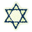 A carefully crafted Star of David floral tribute dominates this image, its powerful Jewish symbolism expressed through a refined palette of white and deep blue blooms set against a spotless white background. The entire six-pointed star is edged with a plush border of white chrysanthemum-like flowers, each head made up of many slender petals that together create a soft, snowy frame. Within this outer ring, the florist has built a precise white hexagon at the centre, tightly filled with the same small, rounded flowers, giving the impression of a serene, glowing core. Extending from this centre, the six points of the star are shaped from densely packed dark blue or indigo flowers that bring depth and gravitas, reminiscent of the rich blues often seen in Jewish ceremonial items cherished in homes from Botley to Iffley in Oxford. At the base of each of these blue points, a neat inner triangle of white blooms is inset, so that white and blue seem to interlace throughout the design, like threads of memory and tradition. The lines are crisp, the angles clear, yet the overall effect remains gentle thanks to the natural softness of the petals. There is no greenery, ribbon, or extra decoration-just the pure floral rendering of the Magen David, intended as a respectful funeral or memorial piece. Such an arrangement could rest beside a casket or be displayed at a shiva house, quietly conveying love, identity, and remembrance. It reflects the kind of thoughtful, custom Jewish funeral tribute often requested from Oxford florists for families marking a meaningful farewell.