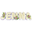 A quietly radiant, deeply personal floral name tribute spells out JENNA in bold, three-dimensional capital letters set against a pristine white backdrop. Each letter is densely packed with hundreds of small, creamy-white chrysanthemums that give the forms a soft, almost cloud-like texture; the massing is so close you can imagine the gentle, powdery scent of the blooms mingling with the subtle green of the foliage. A narrow band of deep purple - presented as either a satin trim or a line of tiny lavender blooms - traces the inner edges of each letter, providing a composed outline that brings clarity and a dignified contrast to the white. The design is anchored by thin, dark connecting bars that run discreetly along the base, suggesting a lightweight but sturdy frame ready for display at a service.

Three polished accent clusters punctuate the tribute: one on the upper curve of the J, a second on the lower center of the second N, and a third on the upper right of the A. These mini bouquets combine soft pink and lavender spray roses with pale cream or butter-yellow buds, softened by feathery dark-green fern fronds; their scent adds a gentle rose note that lifts the arrangement without overwhelming it. Bathed in soft natural light - the kind that might fall through the windows of a chapel in east Oxford or across a calm room in Jericho - the piece reads as a respectful, handcrafted memorial. It is the kind of bespoke sympathy display chosen to mark a life with grace, a floral signature that offers comfort and remembrance during wakes, funerals, or intimate celebrations of life.