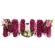 A beautifully composed MUM funeral tribute dominates this image, the three capital letters arranged side by side against a luminous white background that allows the colours to glow. Each letter is formed from a sturdy frame, then completely cloaked in masses of small magenta and deep pink chrysanthemums, or possibly carnations, so densely placed that the structure seems almost soft to the touch. The rounded petals create a richly textured surface, while the subtle lime-green centres that peek through keep the design fresh rather than heavy. Running all around the edges of the letters is a finely gathered ribbon in a very pale blush pink, its ruffled border offering a gentle, almost cloudlike outline and reinforcing the tribute's feminine, maternal character. The two outer M letters are adorned at their upper outer corners with elegant clusters of lighter pink roses, some fully open and others still in bud, nestled into bright green fern and foliage that spill lightly over the letterforms. The central U holds a smaller, tender accent at its base: a mini bouquet of soft pink roses and creamy white blooms, cradled by leafy greens, like a corsage laid carefully at a funeral service. The overall impression is one of love, remembrance, and quiet dignity, the sort of personalised sympathy flowers a family in Oxford might choose for a farewell at a local crematorium or parish church, when they wish to spell out MUM in colour and fragrance as a final, heartfelt goodbye.