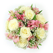Captured from a bird's-eye view against a pristine white surface, this bouquet forms a lush, rounded cluster of blooms that radiates soft romance and fresh elegance. At the centre, approximately eight generous roses in creamy white and pale ivory are fully opened, each one revealing layers of smooth, curled petals that spiral outward like tiny ivory sculptures. Between these luxurious roses, pastel pink alstroemeria flowers are woven throughout, their petals lightly brushed with deeper pink streaks and touches of peach or light red towards the throat, adding depth, character, and a hint of playful charm. Surrounding and threading between all the larger flowers is a cloud of white baby's breath, countless miniature blossoms that create a feathery, mist-like texture around the focal blooms. The delicate gypsophila softens every edge, making the bouquet feel airy despite its dense construction. Subtle, deep green leaves peek out here and there, framing the roses and lilies with a cool, natural contrast, reminiscent of spring foliage along Oxford's parks and river paths. The entire arrangement is crafted into a perfectly balanced dome, suggesting the careful hand of an experienced florist and a classic, timeless style suited to weddings, anniversaries, or gentle expressions of affection. With its soothing palette of ivory, blush pink, and white, and its sense of quiet celebration, this bouquet would be perfect for sending love, congratulations, or a simple message of thinking of you with local delivery across Oxford's historic streets.