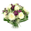 The photograph captures a refined, hand-tied bouquet set cleanly against a bright white background, giving the impression of flowers freshly gathered and composed in a calm Oxford studio. At its heart, a cluster of creamy white roses opens generously, each bloom displaying layers of soft, overlapping petals that spiral inward to a serene, perfectly formed centre. Their gentle ivory tone lends the arrangement an air of purity and quiet sophistication, like the hush of an early morning on Broad Street before the city stirs. Threaded among them, deep purple and rich magenta alstroemeria introduce a more dramatic mood; their slim, trumpet-shaped petals and delicate inner markings create a sense of movement and depth, echoing the colour of evening skies over the Radcliffe Camera. Light, branching clouds of white gypsophila drift between the larger flowers, softening their outlines and adding a dreamy, almost ethereal veil. Here and there, structured starbursts of green-white astrantia protrude, each tiny floret cluster framed by pointed bracts, lending a subtle, woodland character that feels reminiscent of walks around Shotover Country Park. Around the base, broad aspidistra leaves are neatly folded into a deep green collar, their glossy surfaces catching the light and providing a strong, sculptural frame that keeps the bouquet compact and elegant. The cut stems are gathered tightly and visible below, announcing a carefully finished, hand-tied piece. Crafted with the thoughtful eye of a local florist, this bouquet suits a wide range of emotions, from gentle congratulations for a graduation ceremony to a soothing gesture of remembrance delivered to a quiet home in Oxford.