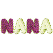 A lovingly hand-crafted floral tribute spells out the name NANA in bold, three-dimensional letters, set against a luminous white background that makes every petal read clearly. Each letter is densely made from hundreds of small chrysanthemum-like heads: the first N and the second N are a plush, deep magenta to plum purple, each tiny bloom punctuated with a discreet yellow eye that gives the surface a warm, textured sparkle. The two As alternate in a soothing, creamy white-soft ivory chrysanthemums packed tightly to form smooth, sculpted faces that contrast gently with the rich purple. Every letter is edged with a bright, undulating lime-green trim-pleated ribbon or closely packed foliage-whose fresh sheen and curved border frame the flowers and lift the composition with a hint of spring. The arrangement reads as both tactile and refined: you can almost sense the dry, powdery touch of petal tips, the subtle earthy perfume of freshly cut mums, and the coolness of the white backdrop as morning light grazes the rounded tops. This personalised memorial piece is composed with the quiet restraint of bereavement floristry, intended for a grandmother's service, wake, or graveside moment of remembrance; it speaks of familiar tenderness, respect, and family memory rather than flamboyance. As an Oxford florist would explain, the alternation of purple and white is chosen to balance solemnity and affection-a gesture as fitting for a Chapel on St Giles as for a quiet graveside at Headington. The craftsmanship is exacting and compassionate, a floral language of love and farewell presented with dignified clarity.