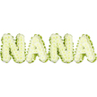 A bright, tactile rendition of the word NANA sits centered on a clean white field, each capital letter rendered in a pale, soft green that reads like spring's first shoot - lime, light chartreuse and cucumber flesh all mingling in tone. Rather than smooth petals, the surface of each character is composed of many tiny, rounded segments that catch the light like miniature beads or clustered plant cells, suggesting an organic, almost sculptural texture: think tiny green pearls or a stylised bunch of grapes assembled into letter-forms. The letters are plump and gently three-dimensional, their bubbly contours creating subtle shadows and highlights under even, daylight-balanced lighting, which gives the design fresh, uplifting clarity. The impression is whimsical and nurturing rather than formal, evoking the wholesome, comforting qualities associated with a grandmother's kitchen - the scentless freshness of a spring herb bed rather than a heavy floral perfume. At the edges, a soft, darker-green trim or pleated foliage outlines each character, providing crisp definition and a natural framing that helps the pale green tones sit with quiet dignity against the white background. This image reads as a celebration of warmth and vitality, suitable for copy about nourishing recipes, family stories, or local produce - it might sit alongside features about the Oxford Farmers' Market at Gloucester Green or a favourite family recipe handed down through generations. The finished piece balances playful texture and gentle sentiment, a tactile, organic NANA that feels both modern and deeply familiar, inviting the viewer to remember the simple, nurturing acts that define a loved one's presence.