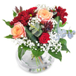 In this vivid bouquet designed for Oxford homes and celebrations, the creamy apricot roses are the first to mesmerise-soft and full, their swirling petals glowing against a backdrop of deeper romance. Just below, a velvety red rose nestles within the abundant foliage, joined by clusters of burgundy chrysanthemums whose ruffled petals radiate warmth akin to a cozy evening along the High Street. Fine sprays of white gypsophila meander throughout the blooms, imparting a gentle, airy softness, the perfect lightness reminiscent of spring mornings along the Cherwell. Sprigs of silver-blue eucalyptus, with their cool, rounded leaves, add a refreshing herbal scent and a modern accent-like the sleek contrast of new cafés set among sandstone colleges. A cluster of succulent, plum-coloured foliage deepens the palette, echoing the complexity of Oxford's hidden lanes and riversides. Every stem is precisely arranged within a spherical glass vase, where you can see the fresh, neat stems bathed in clear water, highlighting the vibrant integrity of the flowers. This luxurious arrangement feels as though it captures a heartfelt embrace-generous, vivid, and full of life, perfect for expressing congratulations, marking a special birthday, or simply enlivening a dining table in Jericho or Headington on any day.