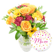 A celebratory bouquet is captured against a crisp white backdrop, the composition arranged so the blossoms take centre-left stage while a round foil balloon nestles at the lower right. The bouquet reads as a warm, uplifting mix: several fully opened roses in glowing orange and sunflower yellow curl their silky petals into soft spirals, releasing a gentle fragrance of fresh-cut petals; bright yellow gerbera daisies lift their flat, sun-like faces with dark brown centres, punctuating the arrangement with cheerful contrast; and deep burgundy carnations, ruffled and velvety, provide weight and a romantic depth. Scattered among these are slender white alstroemeria, their delicate speckled throats and fine petals adding an airy, refined note. A generous cloud of glossy green foliage-broad leaves and narrow sprigs-wraps around the blooms, giving the display a lush, garden-fresh silhouette, while the clear glass vase reveals neatly trimmed stems and clean water that speaks to careful florist technique. To the right, slightly overlapping the vase rim, a round white Mylar balloon brightens the scene: playful gold and hot-pink polka dots and tiny heart motifs scatter across its surface, and in the centre an elegant hot-pink script reads best Mum, the message looping like a warm hand-written note. The overall effect is a tender, joyful gift-perfect for Mother's Day or a birthday-that feels handcrafted and sincere. Imagined under soft studio light, this arrangement would make a mother in Oxford smile, from a quiet flat near Walton Street to a sunny kitchen table beside the River Cherwell, delivering colour, scent, and a clear message of appreciation.