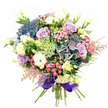 Radiating with the elegance of an Oxfordshire spring, this luxurious mixed bouquet is thoughtfully composed to delight the senses. Presented against a crisp white backdrop, the arrangement unfolds with deep indigo and teal hydrangeas at its heart, their clustered petals evoking cool riverbanks along the Isis. Scattered through are roses in gentle lilac and ivory shades, each bloom opening in perfect symmetry for a look of timeless romance. White ranunculus adds a velvety, cushion-soft texture, while pale yellow lisianthus-both budding and partially opened-infuses subtle lightness and grace. Vivid pops of fuchsia from filler sprays and curls of delicate pink astilbe dance at the margins, sparking a sense of playful maturity. Whisper-thin lacy flowers, pale green and soft white, layer in dreamy intricacy, inviting a closer look. Framing it all is glossy, deep green foliage, neatly arranged to complement the bouquet's cool, harmonious tones. The whole is gathered with professional care, tied at the base in a wide, rich purple satin ribbon that gleams softly-like a flourish at the Sheldonian Theatre. This artistic floral arrangement from a seasoned Oxford florist offers fresh beauty for birthdays, anniversaries, or to lift a neighbour's spirits, with each petal reflecting the quiet joy and celebration of life in the city of spires.