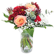 This bouquet seizes the eye with a refined play of velvety burgundy and soft peach hues, arranged to feel both spontaneous and carefully considered. At its center three large, apricot-peach roses open like quiet suns, their petals folding in buttery layers that catch the light and radiate warmth. Surrounding them are clusters of deep maroon chrysanthemums, their ruffled, plush petals adding rich depth and a tactile, almost velvet-like contrast against the smoother rose heads. Wisps of white gypsophila breeze through the composition like tiny stars, creating a delicate halo that lightens the overall palette and gives a feeling of gentle celebration. Broad, glossy green leaves provide a lush, structured backdrop, while elongated sprigs of eucalyptus push slightly beyond the profile, their rounded, silvery-green discs suggesting a fresh, herbal scent-cool and slightly medicinal-that complements the floral sweetness. The arrangement rests in a clear glass vase so transparent that the stems become part of the visual story, a casual tangle in water that reads as honesty and freshness rather than formality. Soft, bright lighting highlights petal textures and casts subtle reflections on the vase's surface, bringing out the peach undertones and the deep burgundy richness. This is the kind of bouquet you might choose for a romantic note, a sincere birthday greeting, or a quiet gesture of thanks: it offers warmth without being loud, elegance without being fussy. Locally grown sensibilities and seasonal freshness are evident in the materials, and the overall mood is one of thoughtful, heartfelt presence-an arrangement that lifts a room with simple, tactile beauty and the faint, refreshing scent of eucalyptus.